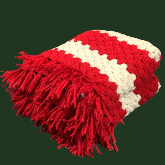 Vintage 70s Handstitched Red Off-White Square Crochet Afghan Blanket: 37"x 37" - Picture 12 of 12